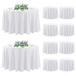 DAKKIONY 10 Pack Round Tablecloth White 120 Inch, Stain Resistant and Wrinkle Polyester Fabric, Washable Table Cover for Kitchen Dining, Wedding, Buffet Table, Holiday Party DAKKIONY 10 Pack Round Tablecloth White 120 Inch, Stain Resistant and Wrinkle Polyester Fabric, Washable Table Cover for Kitchen Dining, Wedding, Buffet Table, Holiday Party