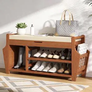 oakvivo 39.4in Shoe Bench with 2 Side Holder, 3 Tier Bamboo Entryway Bench with Storage, Shoe Rack Bench Organizer with Cushion for Entryway Hallway Living Room, Holds up to 330lbs oakvivo 39.4in Shoe Bench with 2 Side Holder, 3 Tier Bamboo Entryway Bench with Storage, Shoe Rack Bench Organizer with Cushion for Entryway Hallway Living Room, Holds up to 330lbs