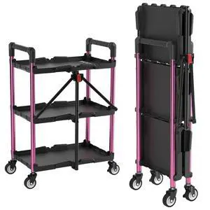 3-Tier Collapsible Service Cart, Black/Pink, 210 LBS Foldable Utility Cart with Wheels, Portable Rolling Tool Cart for Garage, Warehouse, Home, Restaurant and Office (No Assembly Required) 3-Tier Collapsible Service Cart, Black/Pink, 210 LBS Foldable Utility Cart with Wheels, Portable Rolling Tool Cart for Garage, Warehouse, Home, Restaurant and Office (No Assembly Required)