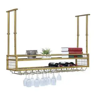 Hanging Wine Glass Rack Ceiling for Bar Restaurants,47.2in Adjustable Metal Wine Glass Holder,Industrial Iron Wine Shelf Wall Mounted(Gold) Hanging Wine Glass Rack Ceiling for Bar Restaurants,47.2in Adjustable Metal Wine Glass Holder,Industrial Iron Wine Shelf Wall Mounted(Gold)