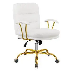 Leather Home Office Desk Chair, Mid-Back Vanity Chair Make Up Chair with Gold Wheels & Removable Armrests, Rolling Swivel Computer Task Chair for Office Bedroom Living Room Girls Women, White Leather Home Office Desk Chair, Mid-Back Vanity Chair Make Up Chair with Gold Wheels & Removable Armrests, Rolling Swivel Computer Task Chair for Office Bedroom Living Room Girls Women, White