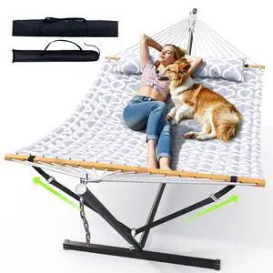 ANAGOO Double Hammock with Stand, Heavy Duty Outdoor Hammock for Two, 500 LBS Capacity, Stable Steel Frame with Balance Strap, Easy Tool-Free Assembly for Patio, Garden, Backyard & Beach,White Grey ANAGOO Double Hammock with Stand, Heavy Duty Outdoor Hammock for Two, 500 LBS Capacity, Stable Steel Frame with Balance Strap, Easy Tool-Free Assembly for Patio, Garden, Backyard & Beach,White Grey
