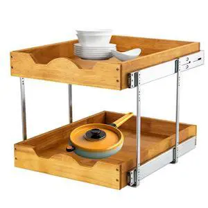 2 Tier Pull Out Cabinet Organizer (14" W x 18" D) Slide Out Wood Drawer, Two Tier Sliding Shelf Organization and Storage 2 Tier Pull Out Cabinet Organizer (14" W x 18" D) Slide Out Wood Drawer, Two Tier Sliding Shelf Organization and Storage