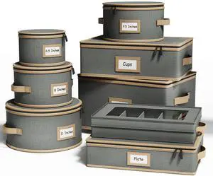 Hard Shell China Storage Containers 8 Piece Set for Storing Dinner Plates, Salad Plates, Mugs, Quilted Dividers for Safe Moving and Seasonal Storage, Grey Hard Shell China Storage Containers 8 Piece Set for Storing Dinner Plates, Salad Plates, Mugs, Quilted Dividers for Safe Moving and Seasonal Storage, Grey