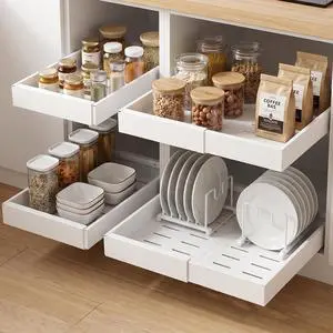 4 Pack Pull Out Cabinet Organizers Expandable Width (12.4''-20.27''), Upgrade 3 Slide Rails Sliding Drawer for Kitchen Cabinet Organizer with Adhesive Nano Film, White 4 Pack Pull Out Cabinet Organizers Expandable Width (12.4''-20.27''), Upgrade 3 Slide Rails Sliding Drawer for Kitchen Cabinet Organizer with Adhesive Nano Film, White