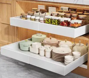 2 Pack Pull Out Cabinet Organizers 21" Deep With Raising Pad for Framed Cabinets, Expandable Width (15.2"-26.3") Slide Out Drawers Upgrade 3 Slide Rails, Roll Out Shelves Adhesive, White 2 Pack Pull Out Cabinet Organizers 21" Deep With Raising Pad for Framed Cabinets, Expandable Width (15.2"-26.3") Slide Out Drawers Upgrade 3 Slide Rails, Roll Out Shelves Adhesive, White
