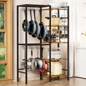 5-Tier Pot and Pan Organizer Rack with Hooks, Heavy-Duty Kitchen Storage Shelf for Cookware, Dishes, and Utensils, Freestanding Metal Pot Rack Organizer for Kitchen, Pantry, or Dining Room 5-Tier Pot and Pan Organizer Rack with Hooks, Heavy-Duty Kitchen Storage Shelf for Cookware, Dishes, and Utensils, Freestanding Metal Pot Rack Organizer for Kitchen, Pantry, or Dining Room
