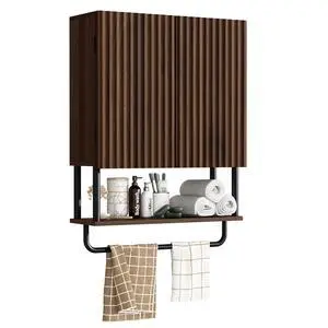 Fluted Bathroom Wall Cabinet with 2 Doors, 3-Tier Modern Farmhouse Medicine Cabinet, Over The Toilet Storage Cabinet with Adjustable Shelf and Towel Bar (Dark Walnut, Medium) Fluted Bathroom Wall Cabinet with 2 Doors, 3-Tier Modern Farmhouse Medicine Cabinet, Over The Toilet Storage Cabinet with Adjustable Shelf and Towel Bar (Dark Walnut, Medium)