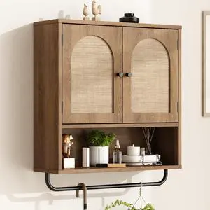 Rattan Bathroom Wall Cabinet, Boho Medicine Cabinet with 2 Arched Doors, Farmhouse Over the Toilet Storage Cabinets with Adjustable Shelves & Towel Bar, 3-Tier Wall Mounted Cabinets Rattan Bathroom Wall Cabinet, Boho Medicine Cabinet with 2 Arched Doors, Farmhouse Over the Toilet Storage Cabinets with Adjustable Shelves & Towel Bar, 3-Tier Wall Mounted Cabinets
