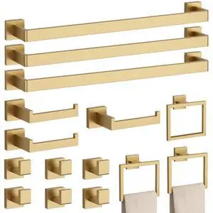 15-Piece Brushed Gold Bathroom Accessories Set 23.6" Towel Bar, Towel Ring, Toilet Paper Holder & Hooks, Wall Mounted Bathroom Hardware, Rust & Corrosion-Resistant, Ideal for Modern Bathrooms 15-Piece Brushed Gold Bathroom Accessories Set 23.6" Towel Bar, Towel Ring, Toilet Paper Holder & Hooks, Wall Mounted Bathroom Hardware, Rust & Corrosion-Resistant, Ideal for Modern Bathrooms