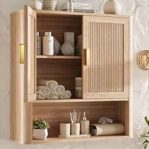Bathroom Wall Storage Cabinet, Medicine Cabinet with Adjustable Wood Shelf & Doors, Over the Toilet Storage Cabinet for Laundry Room & Living Room Kitchen Storage Islands (Natural Oak) Bathroom Wall Storage Cabinet, Medicine Cabinet with Adjustable Wood Shelf & Doors, Over the Toilet Storage Cabinet for Laundry Room & Living Room Kitchen Storage Islands (Natural Oak)