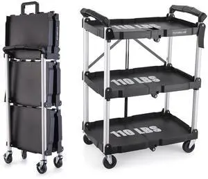 Portable Folding Service Cart - 3 Tier 330LBS Capacity - Rolling Utility Foldable Cart with Wheels for Warehouse Home Workshops Garages Restaurants Offices Portable Folding Service Cart - 3 Tier 330LBS Capacity - Rolling Utility Foldable Cart with Wheels for Warehouse Home Workshops Garages Restaurants Offices