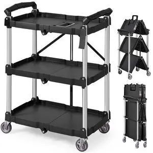 Foldable Utility Service Cart, 165LBS 3 Shelf Heavy Duty Plastic Rolling Cart with 360° Swivel Wheels (2 with Brakes), Ergonomic Handle, Portable Garage Tool Cart for Warehouse Office Home Foldable Utility Service Cart, 165LBS 3 Shelf Heavy Duty Plastic Rolling Cart with 360° Swivel Wheels (2 with Brakes), Ergonomic Handle, Portable Garage Tool Cart for Warehouse Office Home