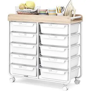 10 Drawers Rolling Cart with Wooden Tabletop, Utility Storage Cart with Wheels, Art Supply Craft Organizer on Wheel with Metal Frame & Handles for Home Office School (Pure White) 10 Drawers Rolling Cart with Wooden Tabletop, Utility Storage Cart with Wheels, Art Supply Craft Organizer on Wheel with Metal Frame & Handles for Home Office School (Pure White)
