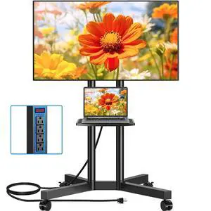 Mobile TV Cart Rolling TV Stand with Power Outlet for 32-75 Inch Screens, Portable TV Stand on Wheels with Height Adjustment, Outdoor TV Mount Stand with Shelf Holds up to 88lbs for Home Office Mobile TV Cart Rolling TV Stand with Power Outlet for 32-75 Inch Screens, Portable TV Stand on Wheels with Height Adjustment, Outdoor TV Mount Stand with Shelf Holds up to 88lbs for Home Office