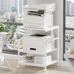 Large Printer Stand with Storage, 23.6"W x 18.9"D x 30.2"H, 5-Adjustable Shelf Heights Mobile 3 Tier Table with Lockable Wheels, Industrial Rolling Printer Cart, White Stands for Home Office Large Printer Stand with Storage, 23.6"W x 18.9"D x 30.2"H, 5-Adjustable Shelf Heights Mobile 3 Tier Table with Lockable Wheels, Industrial Rolling Printer Cart, White Stands for Home Office