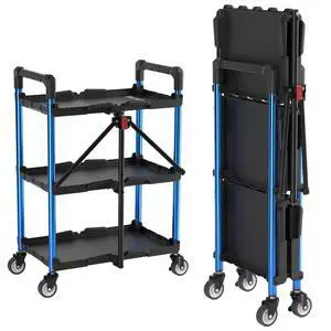 3-Tier Collapsible Service Cart, Black/Blue, 210 LBS Foldable Utility Cart with Wheels, Portable Rolling Tool Cart for Garage, Warehouse, Home, Restaurant and Office (No Assembly Required) 3-Tier Collapsible Service Cart, Black/Blue, 210 LBS Foldable Utility Cart with Wheels, Portable Rolling Tool Cart for Garage, Warehouse, Home, Restaurant and Office (No Assembly Required)