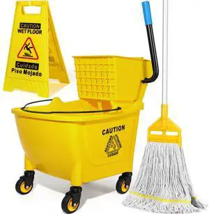 35Qt Commercial Mop Bucket with Side Press Wringer on Wheels Yellow 35Qt Commercial Mop Bucket with Side Press Wringer on Wheels Yellow
