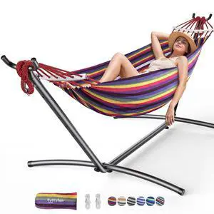Double Hammock with Stand, 2 Person Heavy Duty Hammock with Steel Stand, 600 lbs Capacity Cotton Hammock for Outdoor Indoor Patio Yard, Portable with Carrying Bag, Tool-Free 10-Min Assembly Double Hammock with Stand, 2 Person Heavy Duty Hammock with Steel Stand, 600 lbs Capacity Cotton Hammock for Outdoor Indoor Patio Yard, Portable with Carrying Bag, Tool-Free 10-Min Assembly