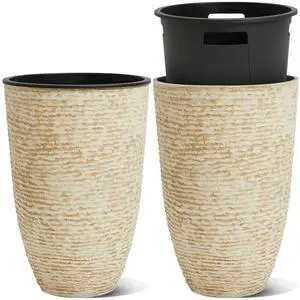 Garden 21" H Beige Tall Planters set of 2 with Inside Pots - 14'' Dia Plastic Large Round Plant Tree Pots with Drain Hole - Decorative Imitation Stone Finish for Indoor Outdoor Front Porch Patio Garden 21" H Beige Tall Planters set of 2 with Inside Pots - 14'' Dia Plastic Large Round Plant Tree Pots with Drain Hole - Decorative Imitation Stone Finish for Indoor Outdoor Front Porch Patio