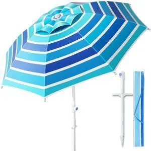 8FT. Large Beach Umbrella with Heavy Duty Sand Anchor & Tilt Sun Shelter, UPF50+ UV Protection, Wind Resistance, Waterproof Canopy, Portable for Beach Outdoor Patio Yard Garden Pool, Blue 8FT. Large Beach Umbrella with Heavy Duty Sand Anchor & Tilt Sun Shelter, UPF50+ UV Protection, Wind Resistance, Waterproof Canopy, Portable for Beach Outdoor Patio Yard Garden Pool, Blue