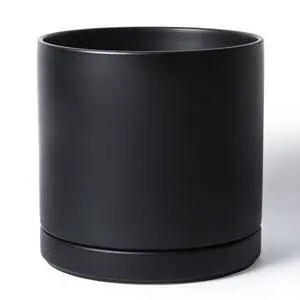 12 Inch Ceramic Planter Pot with Drainage Hole and Saucer, Indoor Cylinder Round Planter Pot, Black, 94-O-F-2 12 Inch Ceramic Planter Pot with Drainage Hole and Saucer, Indoor Cylinder Round Planter Pot, Black, 94-O-F-2
