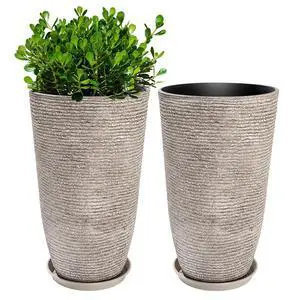Set of 2 Oversized 9 Gallon Round Planters for Front Door & Patio - 12x21 Inch Tall Outdoor/Indoor Plant Pots with Drainage Tray, Gray Faux Stone Textured Tree Planters for Porch Decor Set of 2 Oversized 9 Gallon Round Planters for Front Door & Patio - 12x21 Inch Tall Outdoor/Indoor Plant Pots with Drainage Tray, Gray Faux Stone Textured Tree Planters for Porch Decor