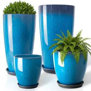 24/21/12/10" H Large Plastic Planters with Drainage Hole & Saucer, Set of 4 Tall Plant Pots for Indoor/Outdoor Use, Gradient Blue Glossy Smooth Flower Pot for Front Porch Patio Garden 24/21/12/10" H Large Plastic Planters with Drainage Hole & Saucer, Set of 4 Tall Plant Pots for Indoor/Outdoor Use, Gradient Blue Glossy Smooth Flower Pot for Front Porch Patio Garden