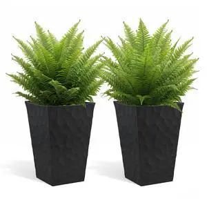 Stone Tapered Planter Set of 2, Tall 26.4Inch Resin Outdoor Flower Pots with StoneLook Finish and 12.2Gallon Capacity, Graphite Stone Tapered Planter Set of 2, Tall 26.4Inch Resin Outdoor Flower Pots with StoneLook Finish and 12.2Gallon Capacity, Graphite