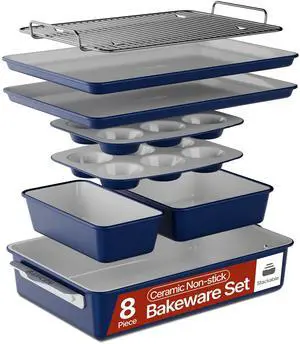 8-Piece Stackable Bakeware Set - Ceramic Non-Stick Coating, Baking Sheets, Assorted Baking Pans, PTFE, PFOA & PFOS Free - Healthy Baking, Ergonomic Handles, Cooling Rack, Non-Toxic, Oven-Safe 8-Piece Stackable Bakeware Set - Ceramic Non-Stick Coating, Baking Sheets, Assorted Baking Pans, PTFE, PFOA & PFOS Free - Healthy Baking, Ergonomic Handles, Cooling Rack, Non-Toxic, Oven-Safe