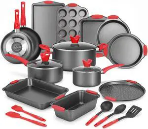 21-Piece Nonstick Cookware Set - PTFE/PFOA/PFOS Free Heat Resistant Lacquer Kitchen Ware Pots Pan w/ Cool-Touch Handles, Saucepan, Fry Pans, Lid, Bakeware, For Gas Electric Ceramic Cooktops 21-Piece Nonstick Cookware Set - PTFE/PFOA/PFOS Free Heat Resistant Lacquer Kitchen Ware Pots Pan w/ Cool-Touch Handles, Saucepan, Fry Pans, Lid, Bakeware, For Gas Electric Ceramic Cooktops