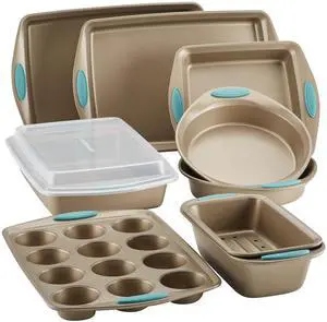 47578 Cucina Nonstick Bakeware Set with Grips Includes Nonstick Bread Pan, Baking Sheet, Cookie Sheet, Baking Pans, Cake Pan and Muffin Pan - 10 Piece, Latte Brown with Agave Blue Grips 47578 Cucina Nonstick Bakeware Set with Grips Includes Nonstick Bread Pan, Baking Sheet, Cookie Sheet, Baking Pans, Cake Pan and Muffin Pan - 10 Piece, Latte Brown with Agave Blue Grips