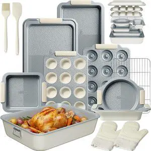 25 PCS Stackable Baking Pans Set, Non-stick Bakeware Sets with Silicone Handles, 450°F Oven Safe Cookie Sheets for Baking, Easy Release Heavy-duty Baking Sheets Non Stick, Cream 25 PCS Stackable Baking Pans Set, Non-stick Bakeware Sets with Silicone Handles, 450°F Oven Safe Cookie Sheets for Baking, Easy Release Heavy-duty Baking Sheets Non Stick, Cream