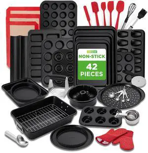 42-Piece Ultimate Nonstick Bakeware Set - Carbon Steel Baking Pans, Everyday Baking Tools, Oven Mitts, & More - Ideal for Baking Delicious Savory & Sweet Treats - Complete Set for Bakers 42-Piece Ultimate Nonstick Bakeware Set - Carbon Steel Baking Pans, Everyday Baking Tools, Oven Mitts, & More - Ideal for Baking Delicious Savory & Sweet Treats - Complete Set for Bakers