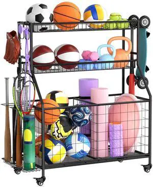 Sports Equipment Garage Organizer - Heavy Duty Garage Organization Ball Storage Rack with Basket, Hooks and Rolling Cart for Sports Gear and Toy Storage, Indoor/Outdoor Use, Black Sports Equipment Garage Organizer - Heavy Duty Garage Organization Ball Storage Rack with Basket, Hooks and Rolling Cart for Sports Gear and Toy Storage, Indoor/Outdoor Use, Black