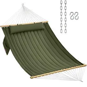Double Quilted Fabric Hammock with Hardwood Spreader Bars and Pillow 450 LBS Capacity 2 Person Large Hammock for Outdoor Patio Backyard Poolside - Green Double Quilted Fabric Hammock with Hardwood Spreader Bars and Pillow 450 LBS Capacity 2 Person Large Hammock for Outdoor Patio Backyard Poolside - Green