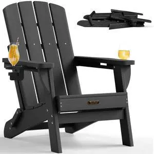 Folding Adirondack Chair, HDPE Adirondack Chairs with 2 Cup Holder, Plastic All-Weather Fire Pit Chairs, Outdoor Lawn Chair for Patio Garden (Black) Folding Adirondack Chair, HDPE Adirondack Chairs with 2 Cup Holder, Plastic All-Weather Fire Pit Chairs, Outdoor Lawn Chair for Patio Garden (Black)