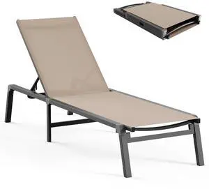 Aluminum Chaise Lounge Ourdoor - Foldable & Assemble Free Outdoor Lounge Chair with 5 Adjustable Backrest, Patio Lounge Chair for Outside Poolside Beach Pool, Khaki Aluminum Chaise Lounge Ourdoor - Foldable & Assemble Free Outdoor Lounge Chair with 5 Adjustable Backrest, Patio Lounge Chair for Outside Poolside Beach Pool, Khaki