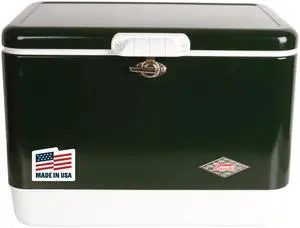 Vintage 54qt Steel Belted Cooler, Keeps Ice Up to 4 Days, 85-Can Capacity Hard Cooler with Drain & Have-A-Seat Lid Vintage 54qt Steel Belted Cooler, Keeps Ice Up to 4 Days, 85-Can Capacity Hard Cooler with Drain & Have-A-Seat Lid
