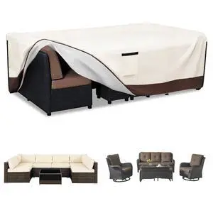 Patio Furniture Covers Waterproof,600D Heavy Duty Patio Cover for 6/7/8 PCS Sets Sectional Sofa Couch Dining Rocking Swivel Chairs Ottomans Coffee Table,110L x 84W x 28H inch Beige & Brown Patio Furniture Covers Waterproof,600D Heavy Duty Patio Cover for 6/7/8 PCS Sets Sectional Sofa Couch Dining Rocking Swivel Chairs Ottomans Coffee Table,110L x 84W x 28H inch Beige & Brown