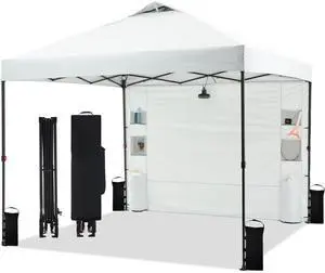 10'x10' Pop Up Canopy Tent with 1 Sidewall and 6 Pockets, One Push Setup, Instant Shade Tent with Vented Roof for Beach Patio Outdoor, Case, 8 Stakes, 4 Ropes, 4 Sandbags (White) 10'x10' Pop Up Canopy Tent with 1 Sidewall and 6 Pockets, One Push Setup, Instant Shade Tent with Vented Roof for Beach Patio Outdoor, Case, 8 Stakes, 4 Ropes, 4 Sandbags (White)