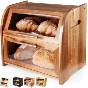 Arise Stylish Acacia Bread Box for Kitchen Countertop, Extra Large 2-Shelf Wooden Bread Storage Container with Clear Windows and Air Vents Keep Bread, Bagels and Rolls Fresh, Self Assembly Arise Stylish Acacia Bread Box for Kitchen Countertop, Extra Large 2-Shelf Wooden Bread Storage Container with Clear Windows and Air Vents Keep Bread, Bagels and Rolls Fresh, Self Assembly