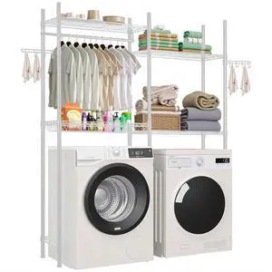 Over The Washer and Dryer Storage Shelf, 4 Tier Laundry Room Drying Rack with Hanger Rod and Hooks, Adjustable Over Washer and Dryer Shelves, Laundry Room Shelf Storage Space Saver, White Over The Washer and Dryer Storage Shelf, 4 Tier Laundry Room Drying Rack with Hanger Rod and Hooks, Adjustable Over Washer and Dryer Shelves, Laundry Room Shelf Storage Space Saver, White