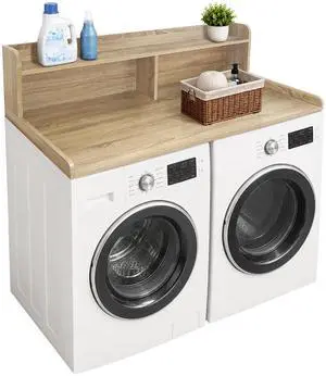 Laundry Countertop with 2-Tier Shelf Universal Fit, Washer and Dryer Countertop with Storage Space, Shelf Height 11.5 Inches, Solid Wood Core, White Oak Laundry Countertop with 2-Tier Shelf Universal Fit, Washer and Dryer Countertop with Storage Space, Shelf Height 11.5 Inches, Solid Wood Core, White Oak
