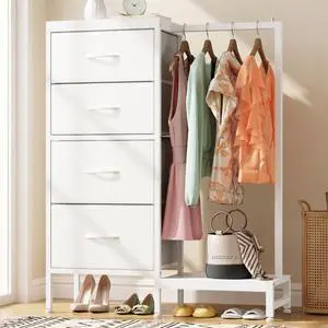 Tall Dresser 44''H with Hanging Rack, 4 Drawers Small Closet Dresser for Bedroom, Reversible Fabric Chest of Drawers with Clothes Rack, Tall Storage Tower, Sturdy Frame, White Tall Dresser 44''H with Hanging Rack, 4 Drawers Small Closet Dresser for Bedroom, Reversible Fabric Chest of Drawers with Clothes Rack, Tall Storage Tower, Sturdy Frame, White