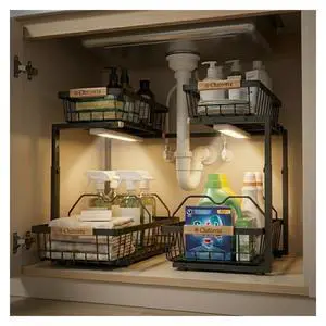 Under Sink Organizer with Motion-Activated LED Lights, 2 Pack, 2 Tier Sliding L-Shaped Carbon Steel Rack with Adjustable Height, Dividers & Hooks (Black) Under Sink Organizer with Motion-Activated LED Lights, 2 Pack, 2 Tier Sliding L-Shaped Carbon Steel Rack with Adjustable Height, Dividers & Hooks (Black)