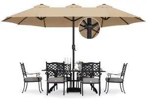 15FT Double-Sided Rectangle Patio Umbrella with Base, Khaki 15FT Double-Sided Rectangle Patio Umbrella with Base, Khaki