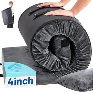 Memory Foam Camping Mattress Pad with Pillow - Extra Thick 4 Inch Sleeping Pad for Camping, Waterproof Roll Up Cot Mattress Topper Camp Sleep Mat for Guest Bed Car Truck Tent, Bag, Dark Gray Memory Foam Camping Mattress Pad with Pillow - Extra Thick 4 Inch Sleeping Pad for Camping, Waterproof Roll Up Cot Mattress Topper Camp Sleep Mat for Guest Bed Car Truck Tent, Bag, Dark Gray