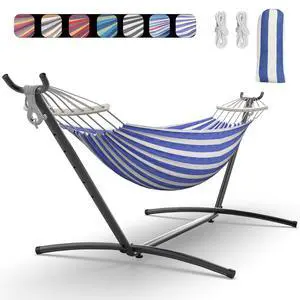Double Hammock with Heavy-Duty Steel Stand,Portable,Easy Assembly,600lbs Weight Capacity,Perfect for Indoor,Yard,Camping,or Outdoor-BlueWhite Double Hammock with Heavy-Duty Steel Stand,Portable,Easy Assembly,600lbs Weight Capacity,Perfect for Indoor,Yard,Camping,or Outdoor-BlueWhite