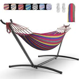 Double Hammock with Heavy-Duty Steel Stand,Portable,Easy Assembly,600lbs Weight Capacity,Suit for Indoor,Yard,Camping,or Outdoor-Wide Red Double Hammock with Heavy-Duty Steel Stand,Portable,Easy Assembly,600lbs Weight Capacity,Suit for Indoor,Yard,Camping,or Outdoor-Wide Red